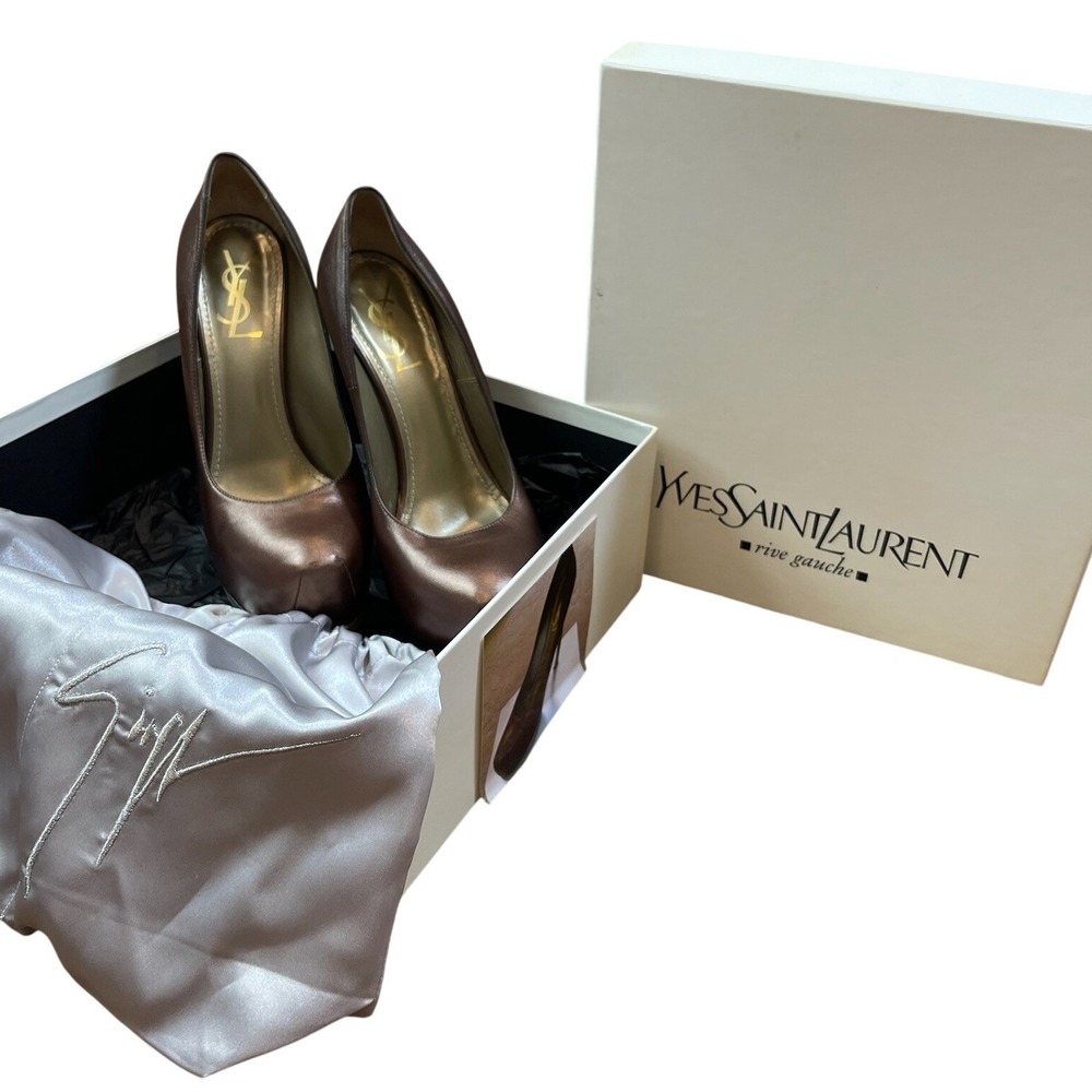 YSL Yves Saint Laurent Rive Gauche Tribute Platform Pump Bronze 39 Box Dust Bag
